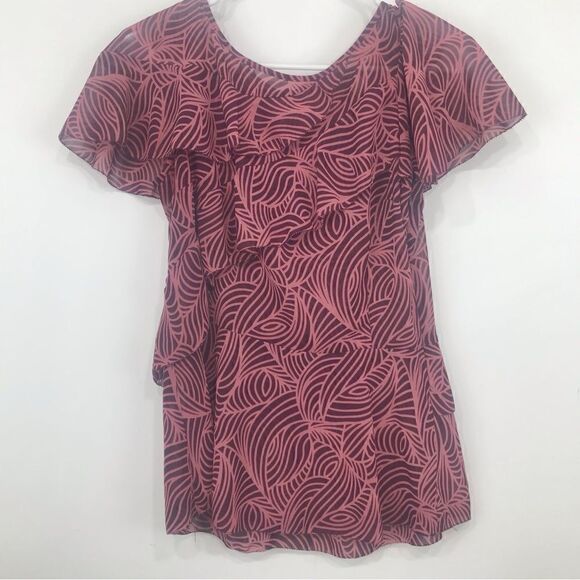 MICHAEL Michael Kors Pink Maroon Geometric Leaf Print Tiered Blouse - Picture 3 of 15